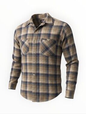 Dickies Tan and Navy Plaid Button-Down Flannel Shirt